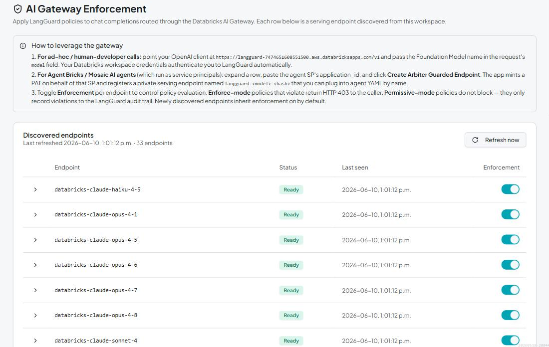 AI Gateway Enforcement settings in the LangGuard Databricks App