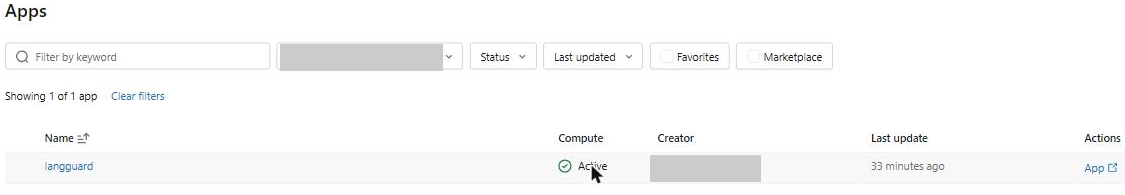 The langguard app running as a Databricks App
